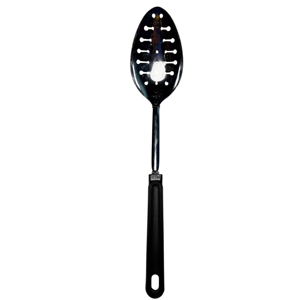 Ekco Slotted Spoon 12" Silver Black Vintage Kitchen Utensil Stainless Steel USA